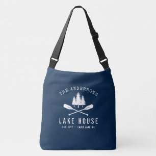 Rustieke meerhuis familienaam boot roeispanen bome crossbody tas