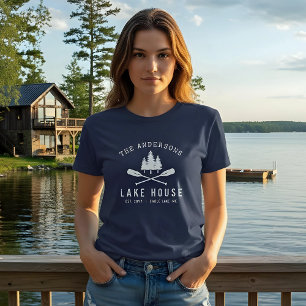 Rustieke meerhuis familienaam boot roeispanen bome Tri-Blend shirt
