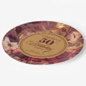 Rustieke Merlot Blush Gouden Bloemen 50e Verjaarda Papieren Bordje (Gekanteld)