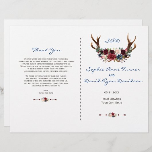 Rustieke Merlot Navy Bloemgewei Trouwprogramma (Voorkant / Achterkant)