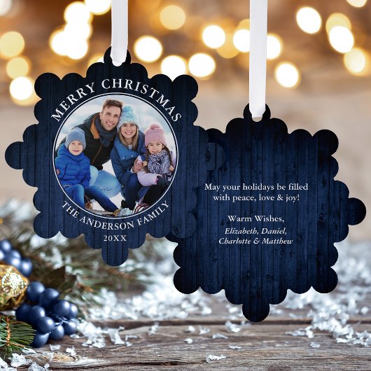 Rustieke Merry Christmas Blue Wood Print Ornament Kaart