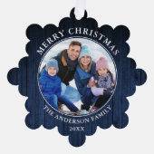 Rustieke Merry Christmas Blue Wood Print Ornament Kaart (Voorkant)