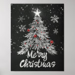 Rustieke Merry Christmas Chalkboard Poster<br><div class="desc">Home decor Vrolijk kerstkrijtbord poster met feestelijke rode kerstballen en besneeuwde kerstboom op een chique zwart-witte handgetekende krijtbord achtergrond met sneeuwvlokken en sneeuw. Het perfecte feestelijke poster voor het decoreren van uw huis.</div>