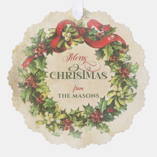 Rustieke Merry Christmas Floral Wreath Foto Ornament Kaart (Voorkant)