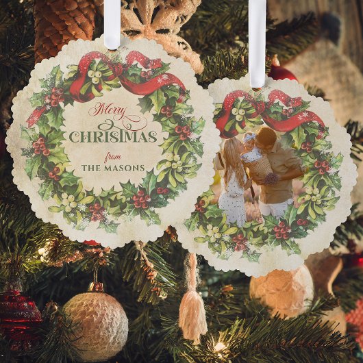Rustieke  Merry Christmas Floral Wreath Foto Ornament Kaart