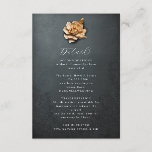 Rustieke metallic bloem bruiloft details kaart (Voorkant)