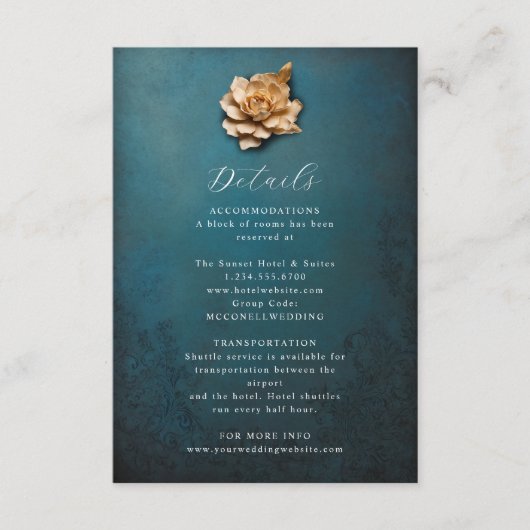 Rustieke metallic bloem bruiloft details kaart (Voorkant)