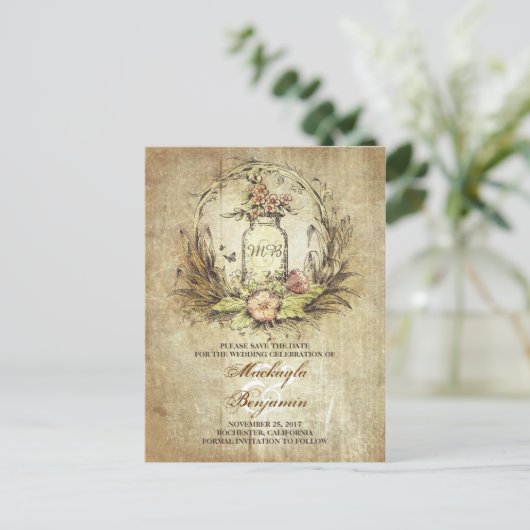 Rustieke metselaar pot  save the date briefkaarten (Staand voorkant)