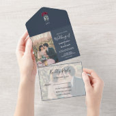 Rustieke metselaar potje monogram foto blauw Bruil All In One Uitnodiging (Afscheurbaar)