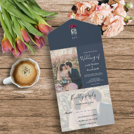 Rustieke metselaar potje monogram foto blauw Bruil All In One Uitnodiging