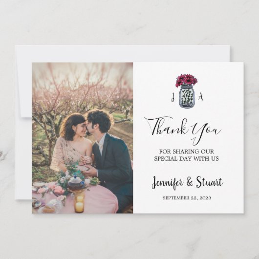 Rustieke metselaarpot monogrammed foto bruiloft bedankkaart (Voorkant)