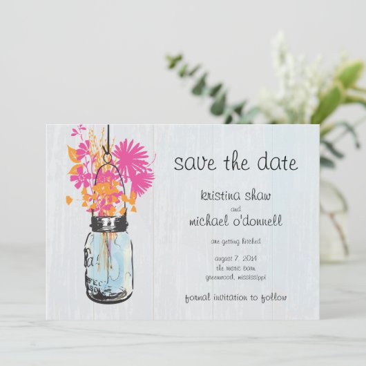 Rustieke Metselbus & Veldbloemen Save the Date (Staand voorkant)