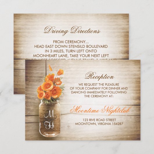 Rustieke metselpot met oranje bloemen receptie informatiekaartje (Voorkant / Achterkant)