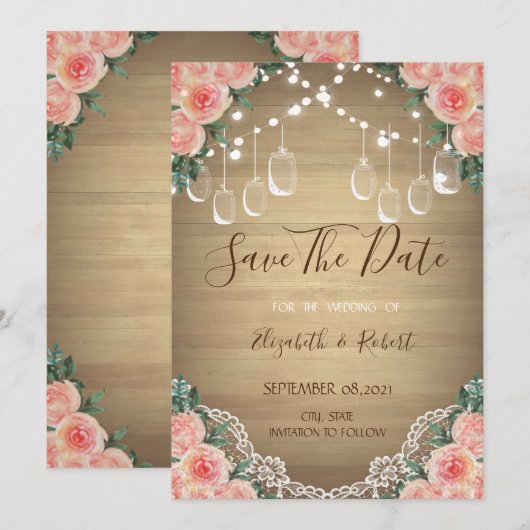 Rustieke Metselwerkpot, Kant, Bloemig Bewaar De Da Save The Date (Voorkant / Achterkant)