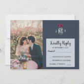 Rustieke metson blauwe foto trouw RSVP kaart (Voorkant)