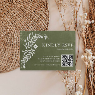 Rustieke Mexicaanse groene bruiloft QR-code RSVP Kaartje