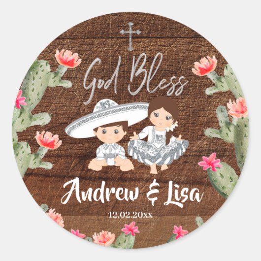 Rustieke Mexicaanse Silver Charro Twin Baptism Sti Ronde Sticker (Voorkant)