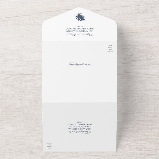 Rustieke Midnight Blue Monstera bruiloft All In One Uitnodiging (Buitenkant)