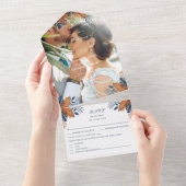 Rustieke Midnight Blue Monstera bruiloft All In One Uitnodiging (Afscheurbaar)