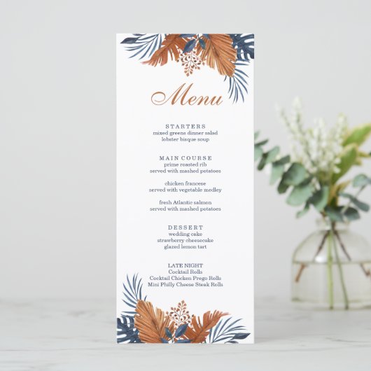 Rustieke Midnight Blue Monstera Menu Kaart (Staand voorkant)