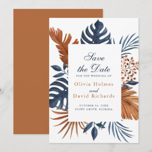 Rustieke Midnight Blue Monstera Save the Date Kaar