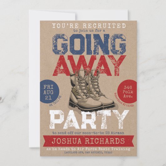 Rustieke militaire laarzen gaan weg afscheidsfeest kaart (Voorkant)