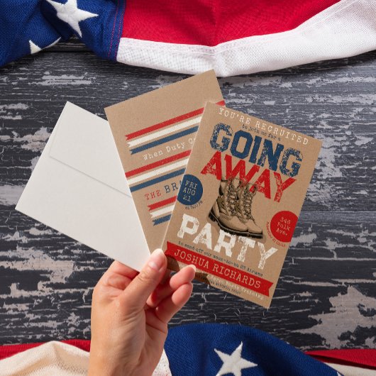 Rustieke militaire laarzen gaan weg afscheidsfeest kaart