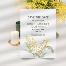 Rustieke mimosa bloemen bruiloft save the date