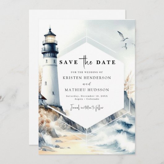 Rustieke Minimal Ocean Lighthouse bruiloft Save The Date (Voorkant / Achterkant)