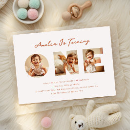 Rustieke Minimal Script Fotocollage Eerste Verjaar Kaart