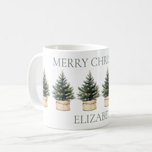 Rustieke minimale kerstbomen vakantie koffiemok (Voorkant links)