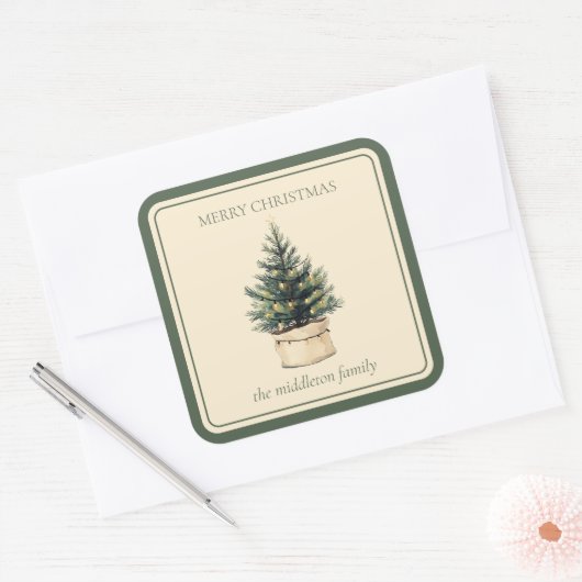 Rustieke minimale kerstboom vierkante sticker (Envelop)