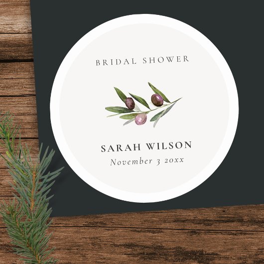 Rustieke Minimale Olijftak Blad Bruiloftsdouche Ronde Sticker