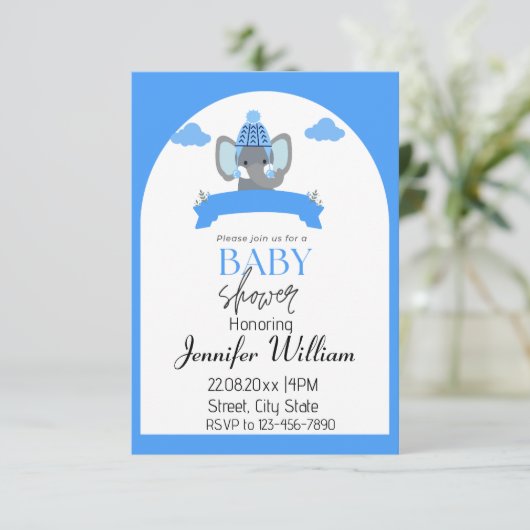 Rustieke minimalistische Blue Elephant Baby shower Kaart (Staand voorkant)
