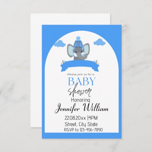 Rustieke minimalistische Blue Elephant Baby shower Kaart (Voorkant / Achterkant)