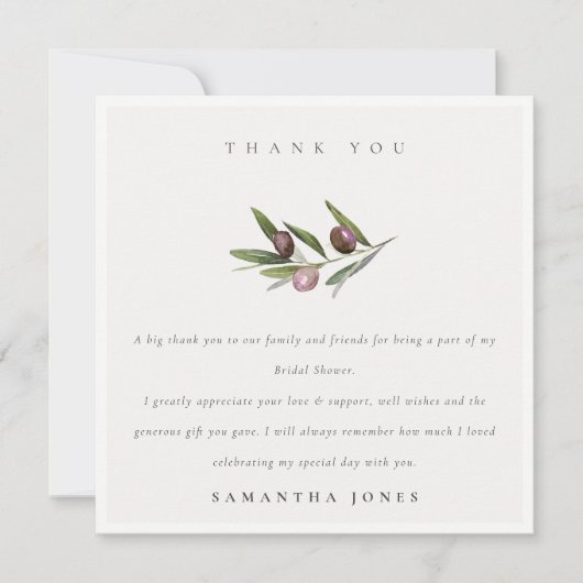 Rustieke Minimalistische Olijftak Blad Bruidsdouch Bedankkaart (Voorkant)