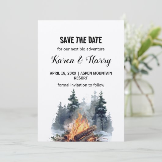 Rustieke Minimalistische Pine Tree Bonfire Save th Kaart (Staand voorkant)
