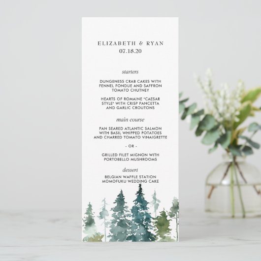 Rustieke minimalistische Waterverf dennen bruiloft Menu (Staand voorkant)