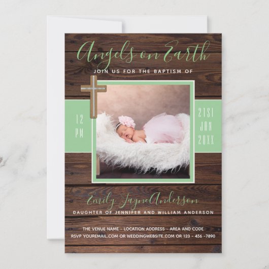 Rustieke Mint | FOTOGERAMTE DOOP Uitnodiging Elega (Voorkant)