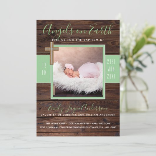 Rustieke Mint | FOTOGERAMTE DOOP Uitnodiging Elega (Staand voorkant)