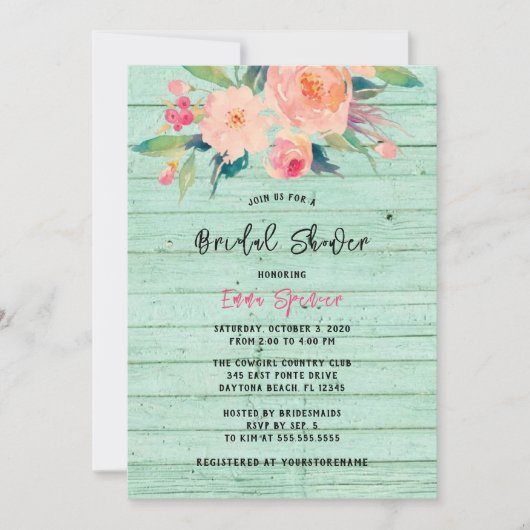 Rustieke Mint Groen Hout Waterverf Bloemen Kaart (Voorkant)