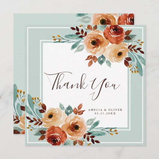 Rustieke Mint Groene Bloemenbruiloft Dank u kaart (Voorkant / Achterkant)