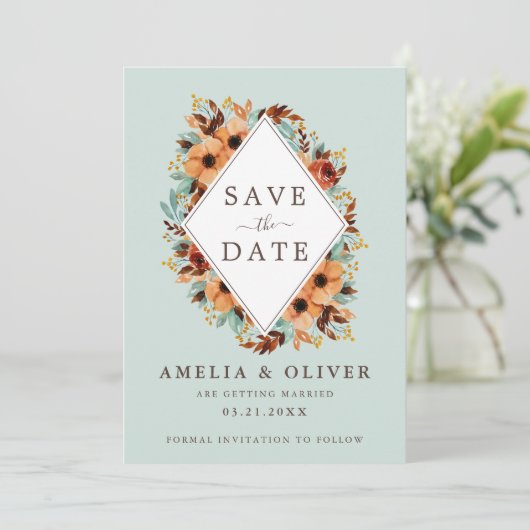 Rustieke mintgroene waterverf bloem save the date (Staand voorkant)