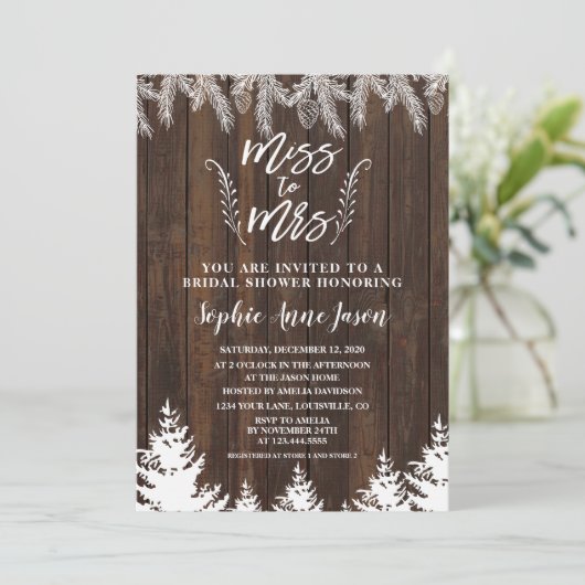 Rustieke Miss To Mrs Wood Dennenhouten Bruiloft Fe Kaart (Staand voorkant)