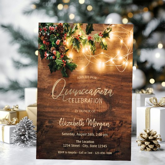 Rustieke Mistletoe,Slingerlichtjes,Hout Quinceañer Kaart