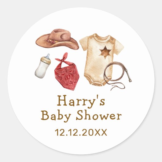 Rustieke moderne boho westerse cowboy baby shower ronde sticker (Voorkant)