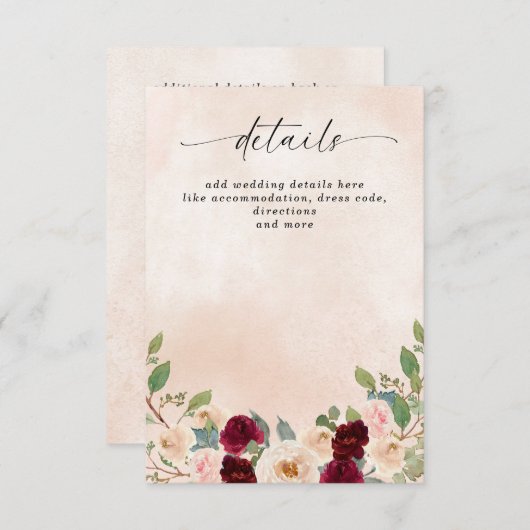 Rustieke moderne Bourgogne Perzik Bloemen Herfst B Informatiekaartje (Voorkant / Achterkant)