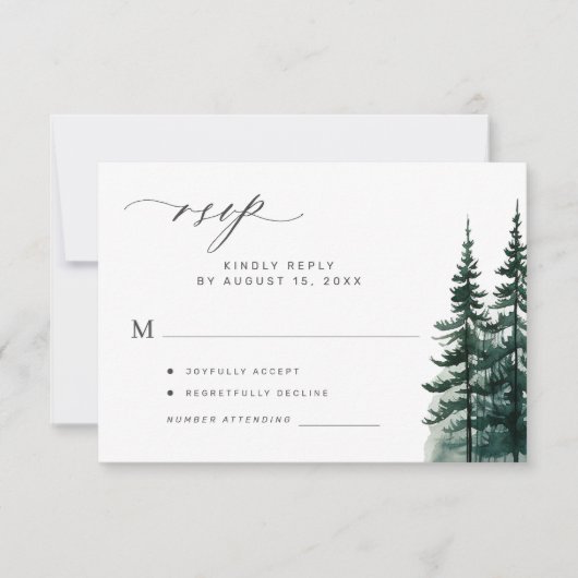 Rustieke moderne dennenbomen bruiloft RSVP kaart (Voorkant)