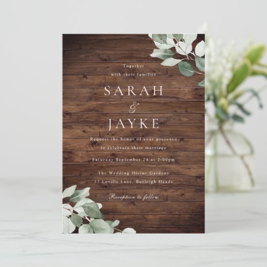 Rustieke moderne groene blad bruiloft kaart (Staand voorkant)