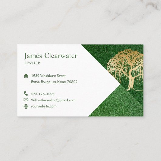 Rustieke moderne groene en gouden wilgenboom lands visitekaartje (Achterkant)